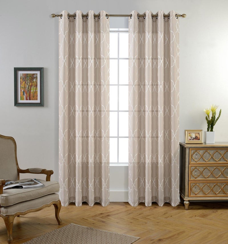 MIUCO Moroccan Embroidered Semi Sheer Curtains Faux Linen Grommet Window Drapes for Living Room 52 x 95 Inch 1 Pair Set, Linen - Image 2
